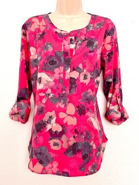 Ann Taylor Pink Floral Roll-Sleeve Tunic Blouse